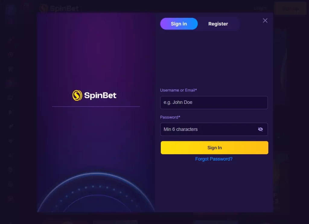 Form for SpinBet Login